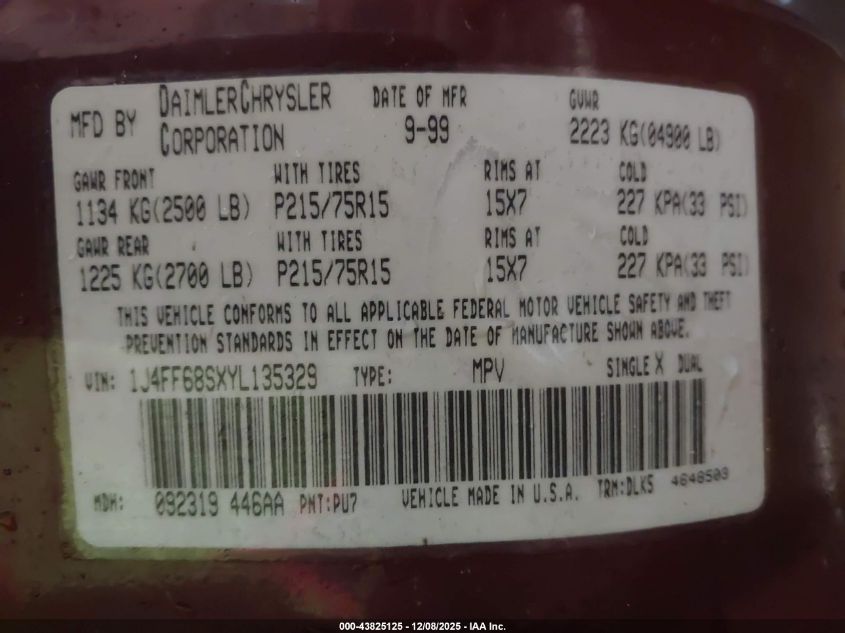 2000 Jeep Cherokee Limited VIN: 1J4FF68SXYL135329 Lot: 43825125