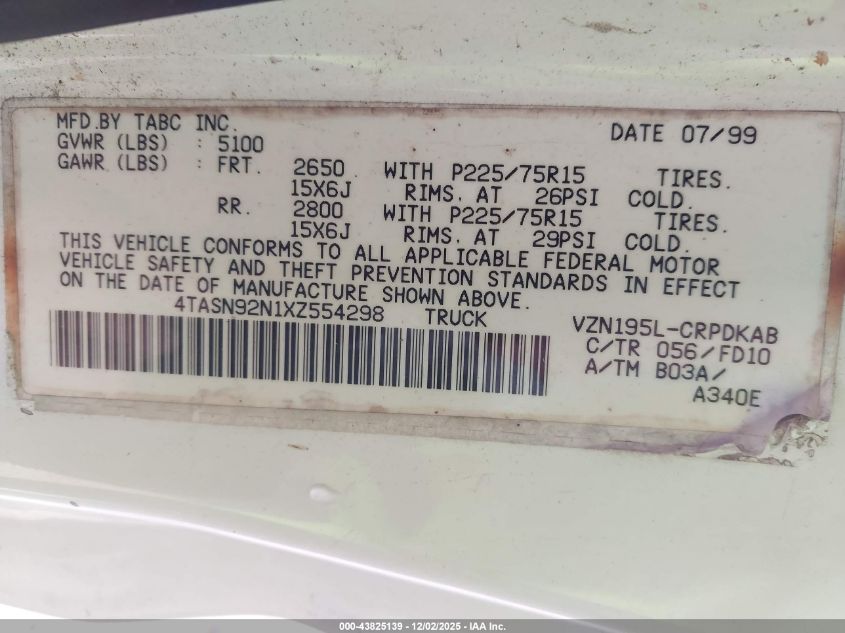 1999 Toyota Tacoma Prerunner V6 VIN: 4TASN92N1XZ554298 Lot: 43825139