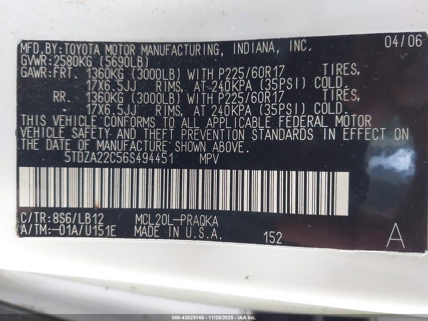 2006 Toyota Sienna Xle/Xle Limited VIN: 5TDZA22C56S494451 Lot: 43825146