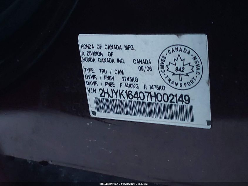 2007 Honda Ridgeline Rts VIN: 2HJYK16407H002149 Lot: 43825147