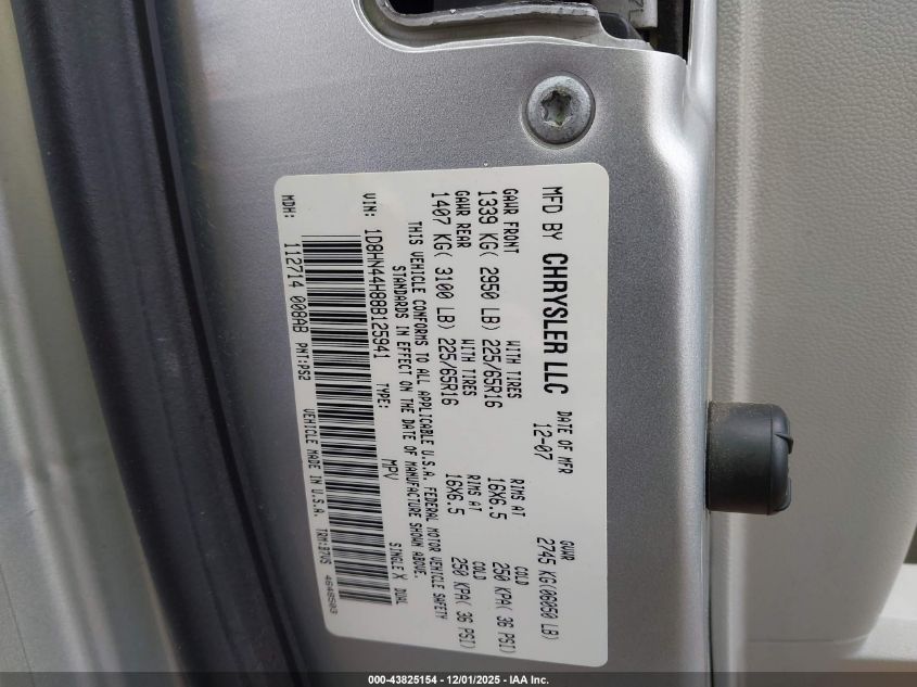 2008 Dodge Grand Caravan Se VIN: 1D8HN44H88B125941 Lot: 43825154