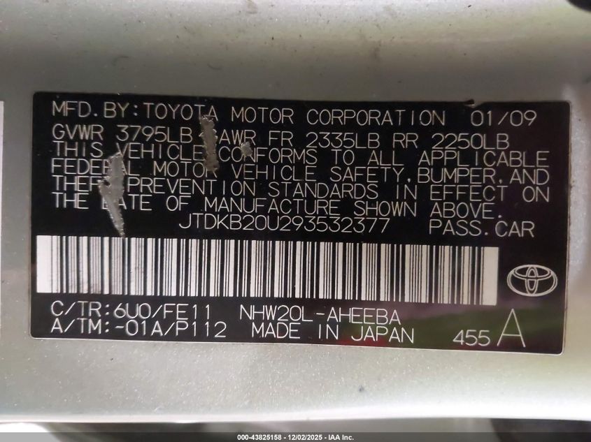 2009 Toyota Prius VIN: JTDKB20U293532377 Lot: 43825158