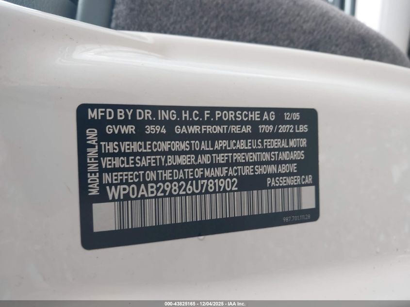 2006 Porsche Cayman S VIN: WP0AB29826U781902 Lot: 43825165