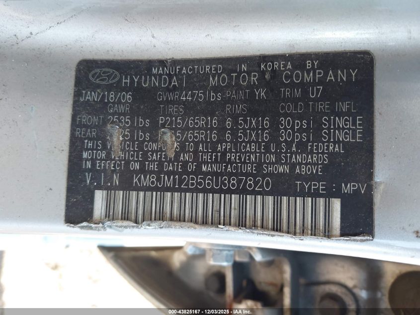 2006 Hyundai Tucson Gl VIN: KM8JM12B56U387820 Lot: 43825167