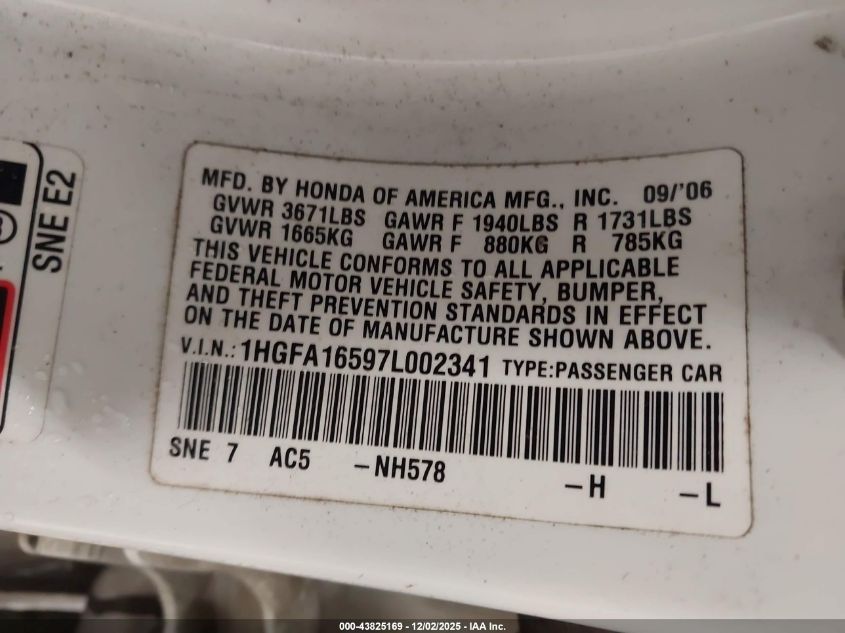 2007 Honda Civic Lx VIN: 1HGFA16597L002341 Lot: 43825169