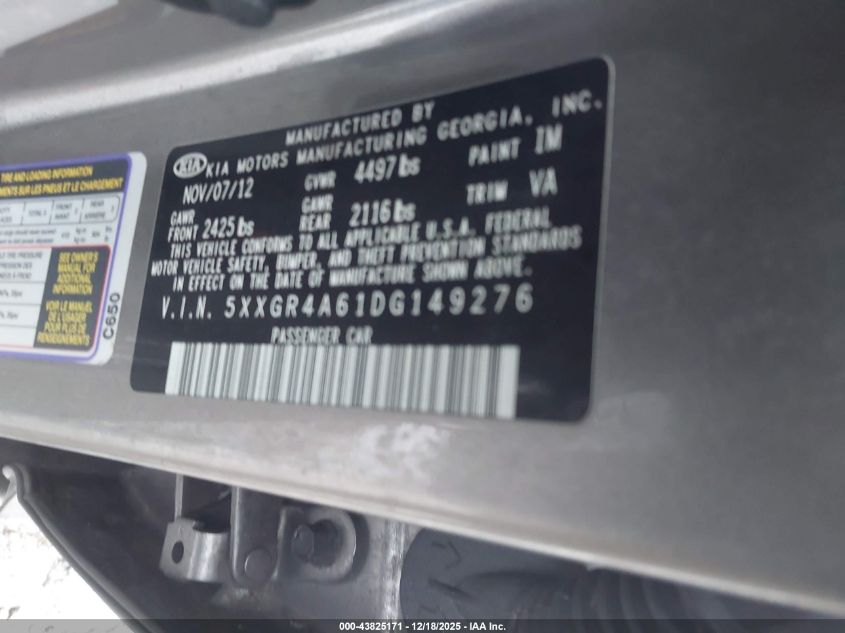 2013 Kia Optima Sx VIN: 5XXGR4A61DG149276 Lot: 43825171