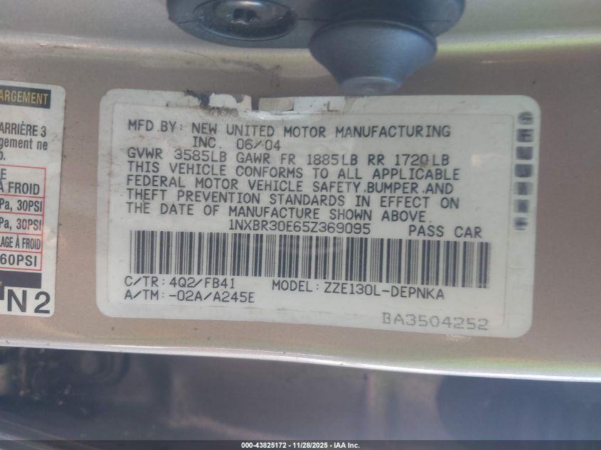 2005 Toyota Corolla Le VIN: 1NXBR30E65Z369095 Lot: 43825172