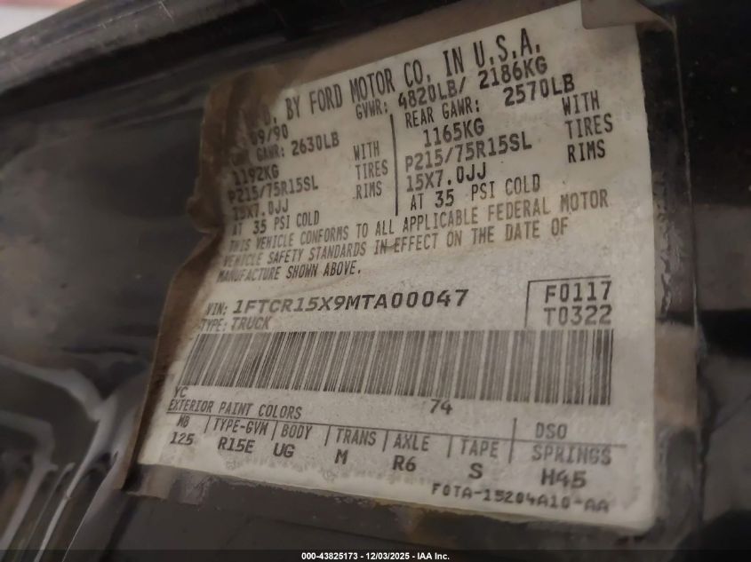 1FTCR15X9MTA00047 1991 FORD RANGER photo no. 9