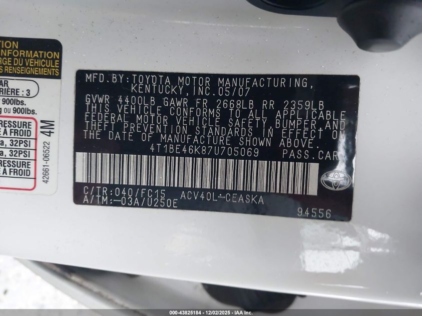 2007 Toyota Camry Se VIN: 4T1BE46K87U705069 Lot: 43825184