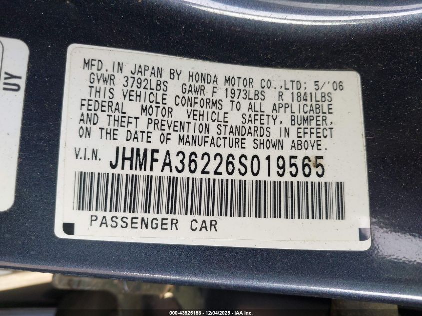 2006 Honda Civic Hybrid VIN: JHMFA36226S019565 Lot: 43825188