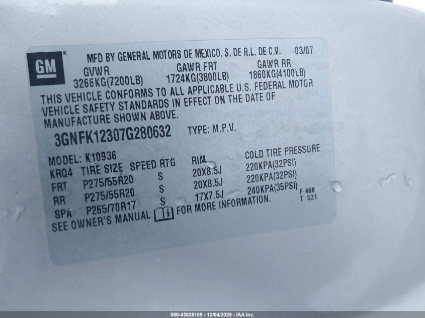 2007 Chevrolet Avalanche 1500 Lt VIN: 3GNFK12307G280632 Lot: 43825189