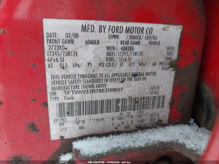 2008 Ford F-350 Fx4/King Ranch/Lariat/Xl/Xlt VIN: 1FTWW33R78ED59607 Lot: 43825199