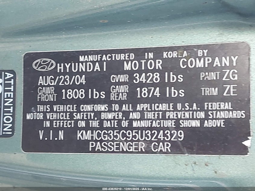 KMHCG35C95U324329 2005 HYUNDAI ACCENT photo no. 9
