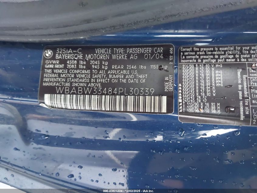 2004 BMW 325Ci VIN: WBABW33484PL30339 Lot: 43825224