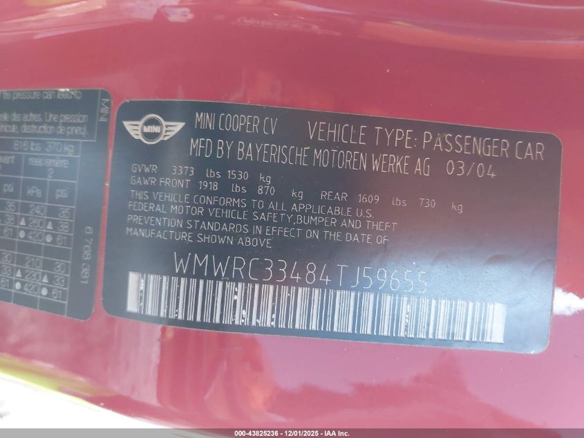 2004 Mini Cooper VIN: WMWRC33484TJ59655 Lot: 43825236
