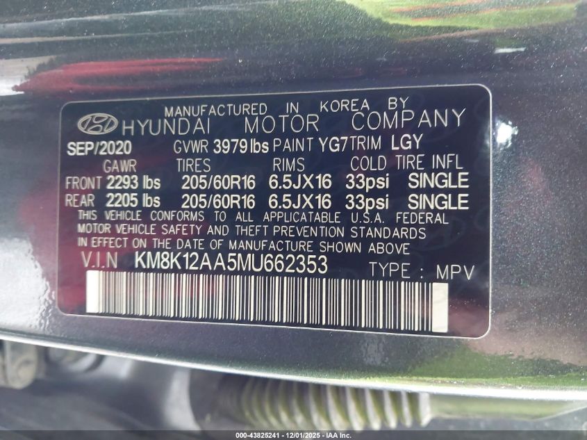 2021 Hyundai Kona Se VIN: KM8K12AA5MU662353 Lot: 43825241