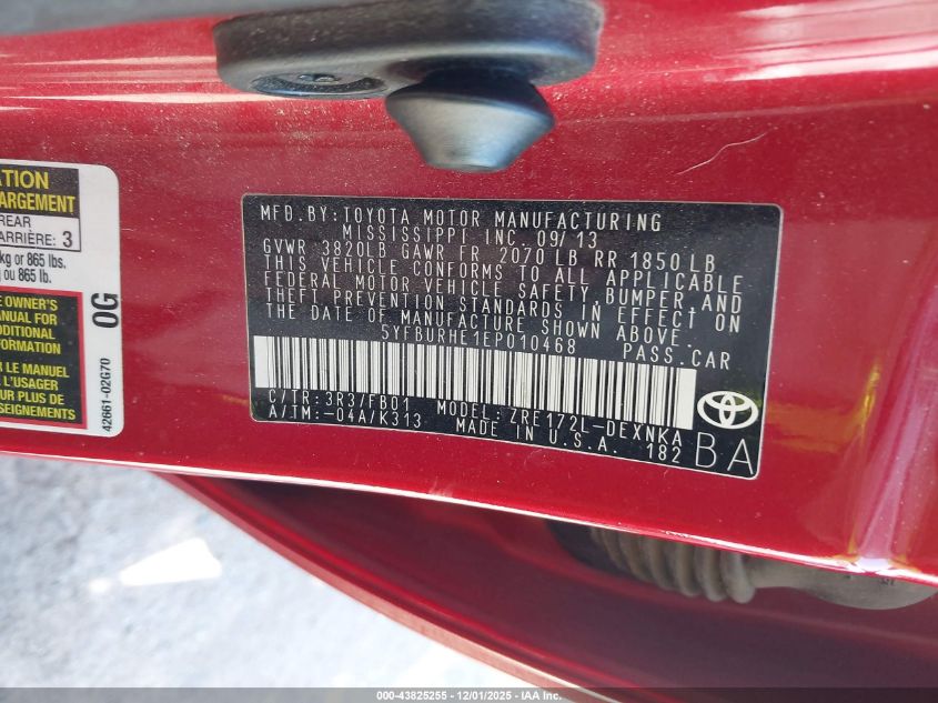 2014 Toyota Corolla Le VIN: 5YFBURHE1EP010468 Lot: 43825255