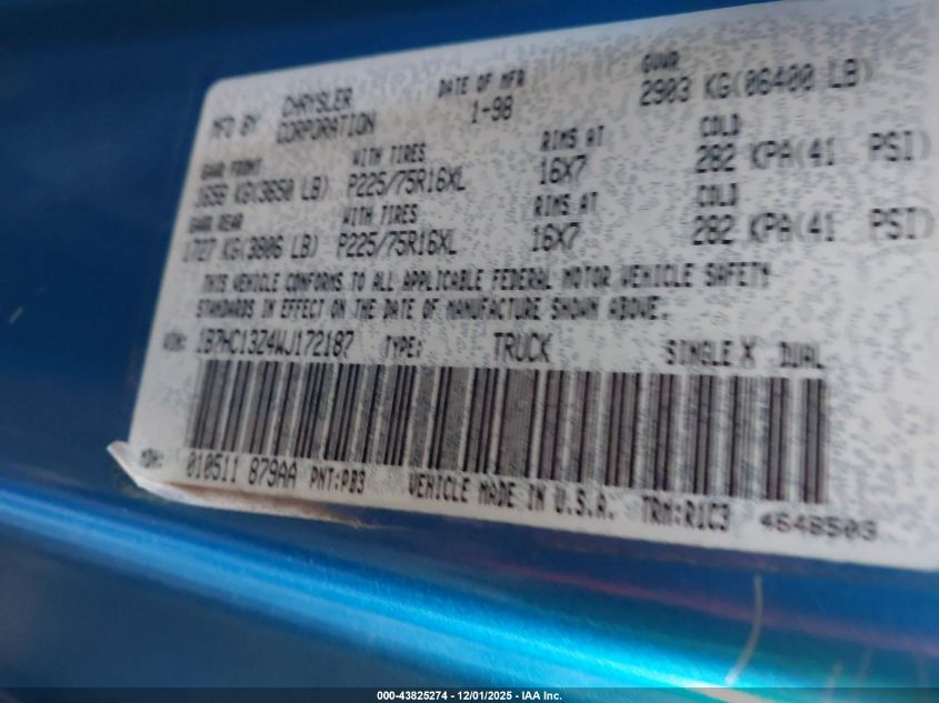 1998 Dodge Ram 1500 St VIN: 1B7HC13Z4WJ172187 Lot: 43825274