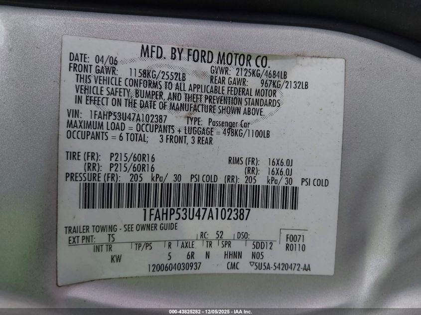 2007 Ford Taurus Se VIN: 1FAHP53U47A102387 Lot: 43825282