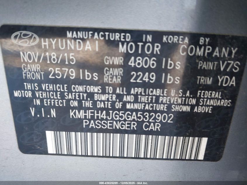 2016 Hyundai Azera Limited VIN: KMHFH4JG5GA532902 Lot: 43825289