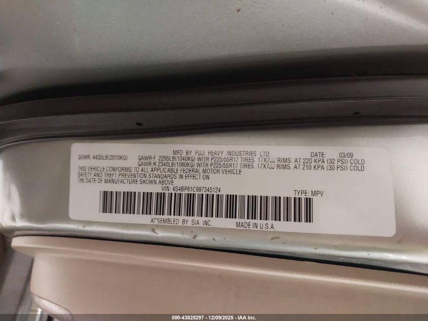 2009 Subaru Outback 2.5I VIN: 4S4BP61C997345124 Lot: 43825297