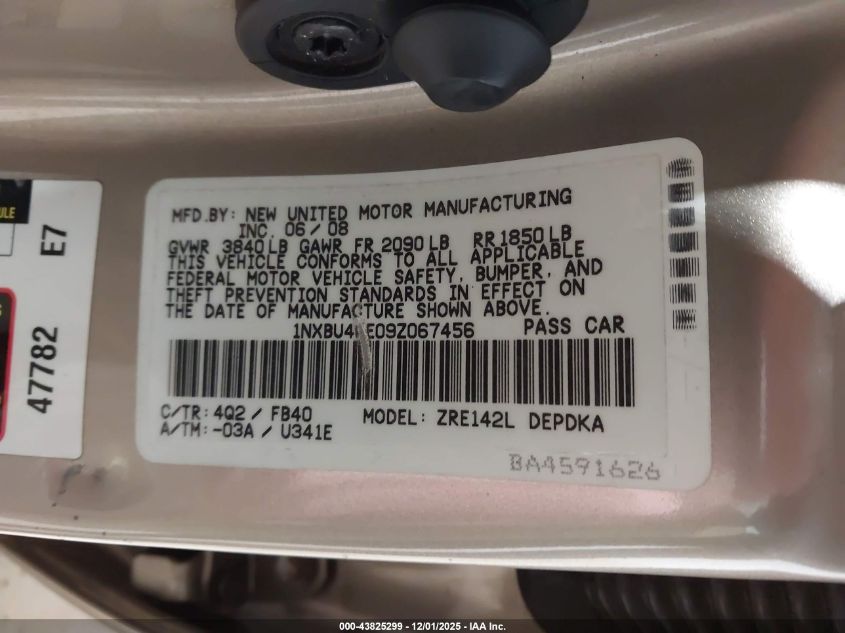 2009 Toyota Corolla Le VIN: 1NXBU40E09Z067456 Lot: 43825299