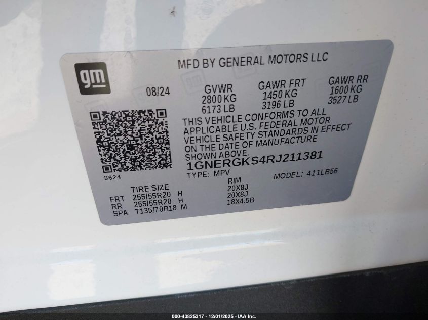 2024 Chevrolet Traverse Fwd Lt VIN: 1GNERGKS4RJ211381 Lot: 43825317