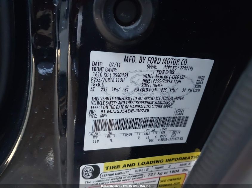 2011 Lincoln Navigator VIN: 5LMJJ2J54BEJ09728 Lot: 43825322