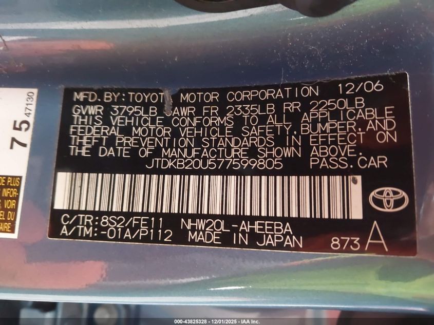 2007 Toyota Prius VIN: JTDKB20U577599805 Lot: 43825328