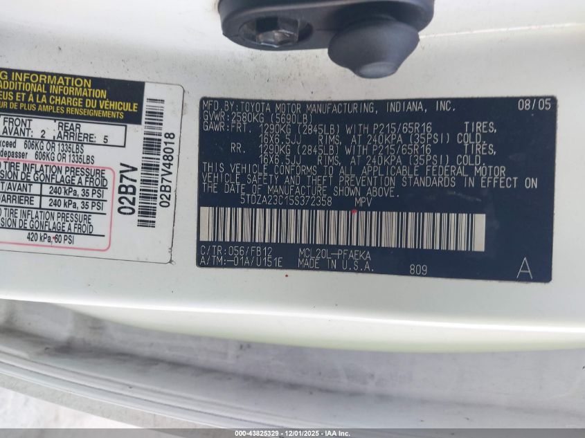 2005 Toyota Sienna Le VIN: 5TDZA23C15S372358 Lot: 43825329