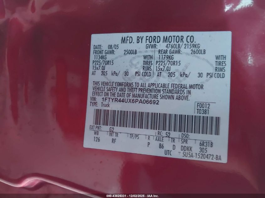 2006 Ford Ranger Sport/Stx/Xlt VIN: 1FTYR44UX6PA06692 Lot: 43825331