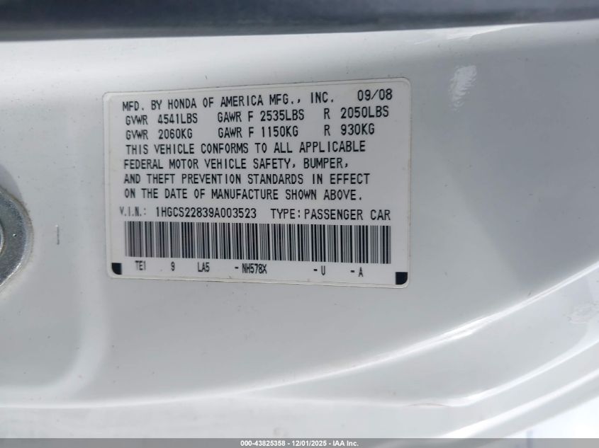 2009 Honda Accord 3.5 Ex-L VIN: 1HGCS22839A003523 Lot: 43825358