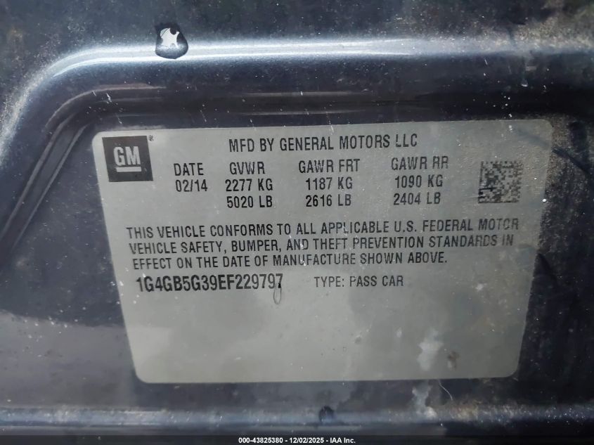 2014 Buick Lacrosse Leather Group VIN: 1G4GB5G39EF229797 Lot: 43825380