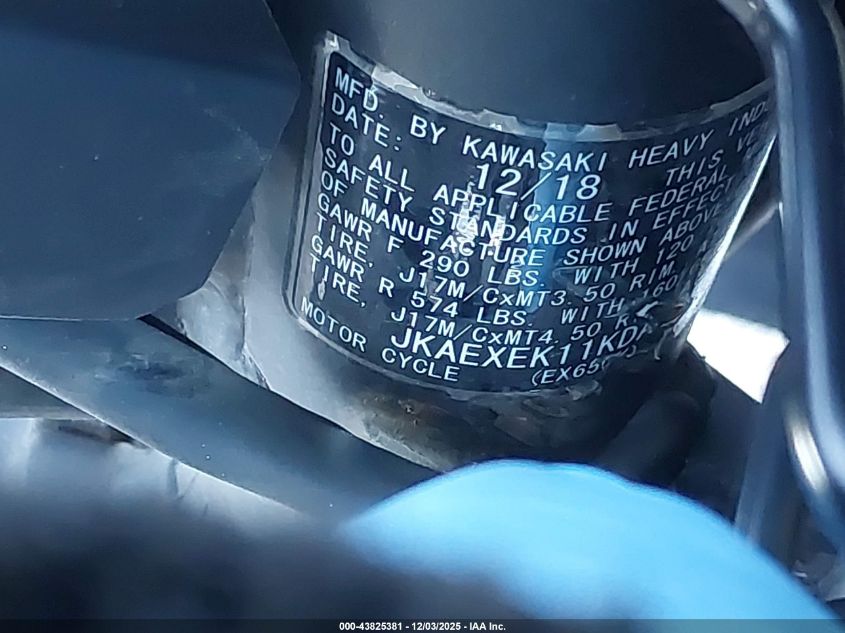 2019 Kawasaki Ex650 F VIN: JKAEXEK11KDA32890 Lot: 43825381
