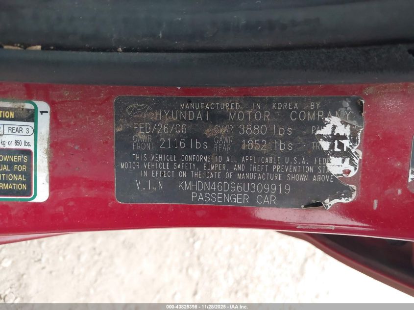 2006 Hyundai Elantra Gls/Limited VIN: KMHDN46D96U309919 Lot: 43825398