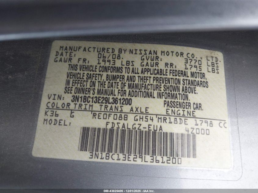 2009 Nissan Versa 1.8Sl VIN: 3N1BC13E29L361200 Lot: 43825406