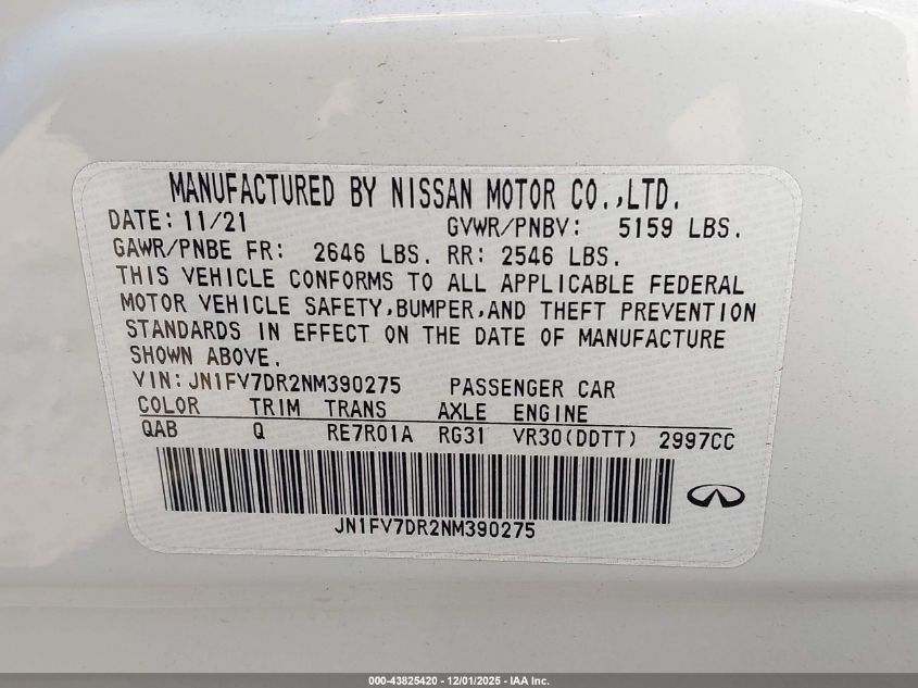 2022 Infiniti Q50 Red Sport 400 Awd VIN: JN1FV7DR2NM390275 Lot: 43825420