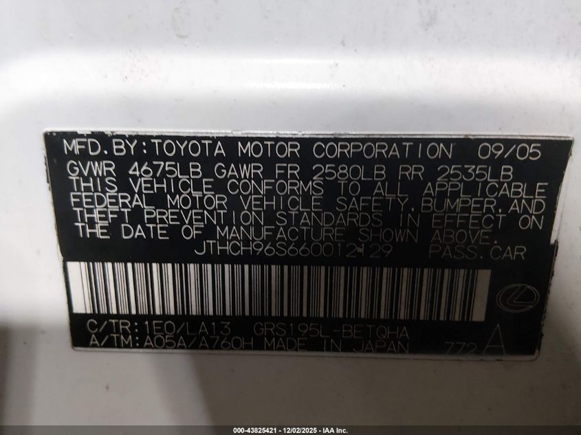 2006 Lexus Gs 300 VIN: JTHCH96S660012129 Lot: 43825421