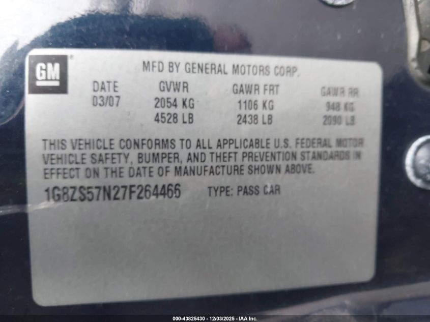 2007 Saturn Aura Xe VIN: 1G8ZS57N27F264466 Lot: 43825430