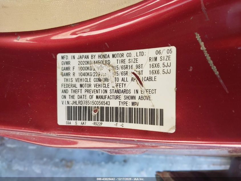 2005 Honda Cr-V Lx VIN: JHLRD78515C056543 Lot: 43825442
