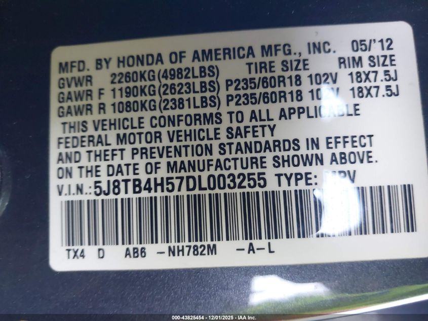 2013 Acura Rdx VIN: 5J8TB4H57DL003255 Lot: 43825454