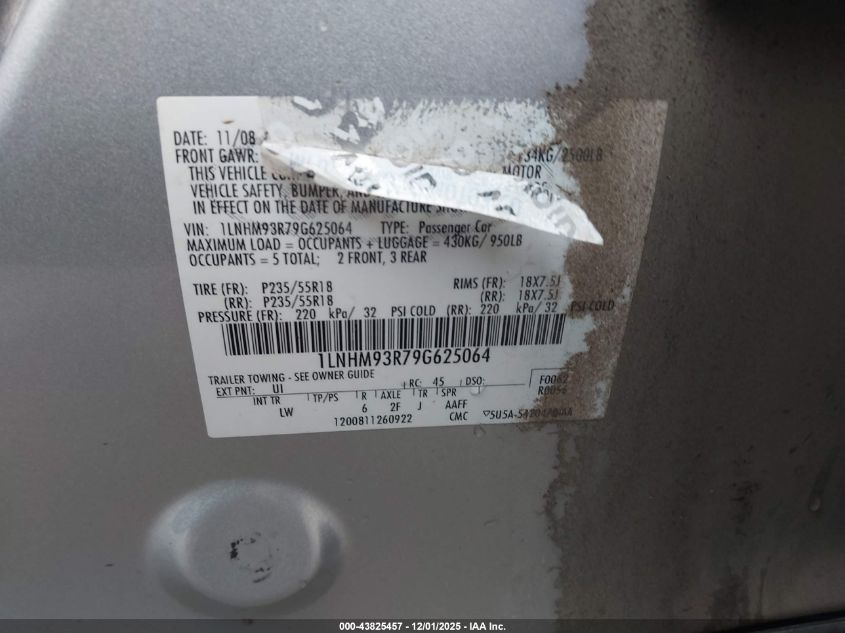2009 Lincoln Mks VIN: 1LNHM93R79G625064 Lot: 43825457