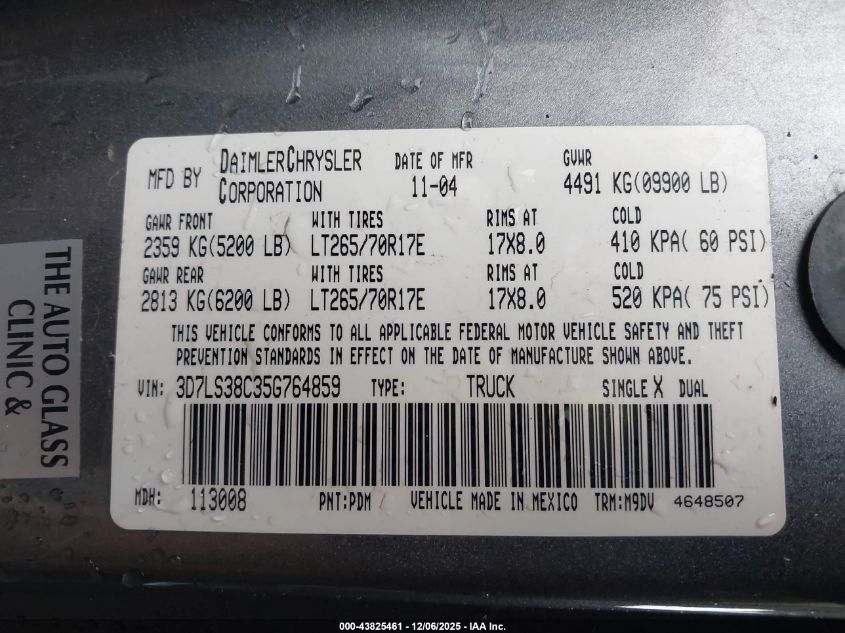 2005 Dodge Ram 3500 Slt/Laramie VIN: 3D7LS38C35G764859 Lot: 43825461