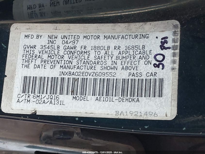 1997 Toyota Corolla Ce VIN: 1NXBA02E0VZ609552 Lot: 43825479