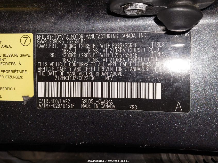 2007 Lexus Rx 350 VIN: 2T2HK31U77C022136 Lot: 43825484