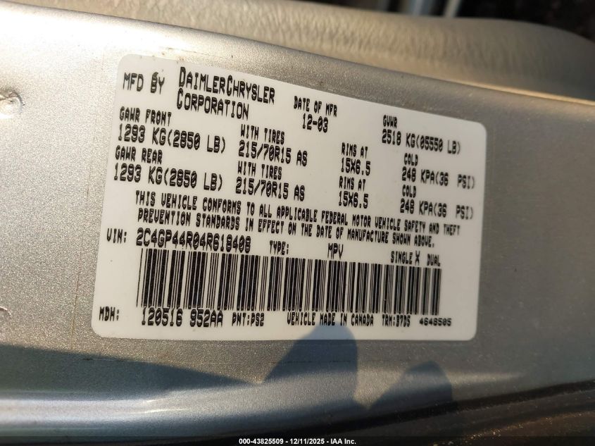 2004 Chrysler Town & Country Lx VIN: 2C4GP44R04R618408 Lot: 43825509