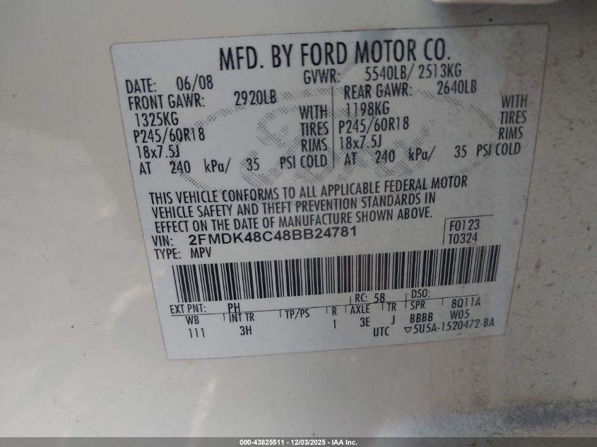 2008 Ford Edge Sel VIN: 2FMDK48C48BB24781 Lot: 43825511