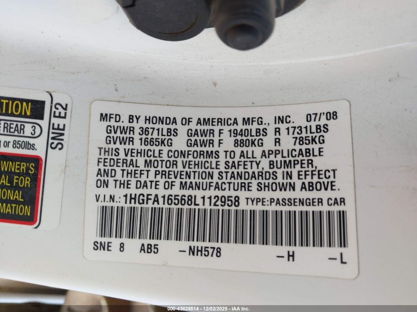 2008 Honda Civic Lx VIN: 1HGFA16568L112958 Lot: 43825514