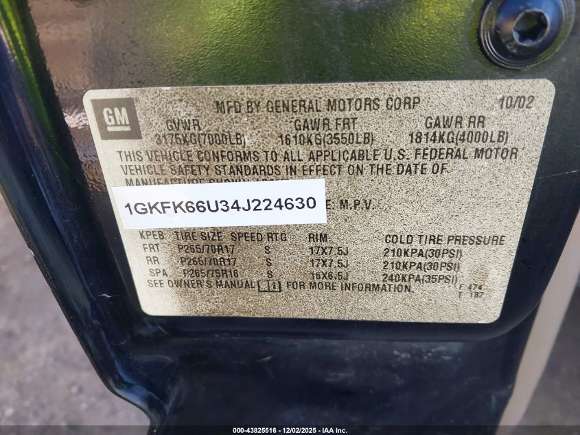 2004 GMC Yukon Xl 1500 Denali VIN: 1GKFK66U34J224630 Lot: 43825516