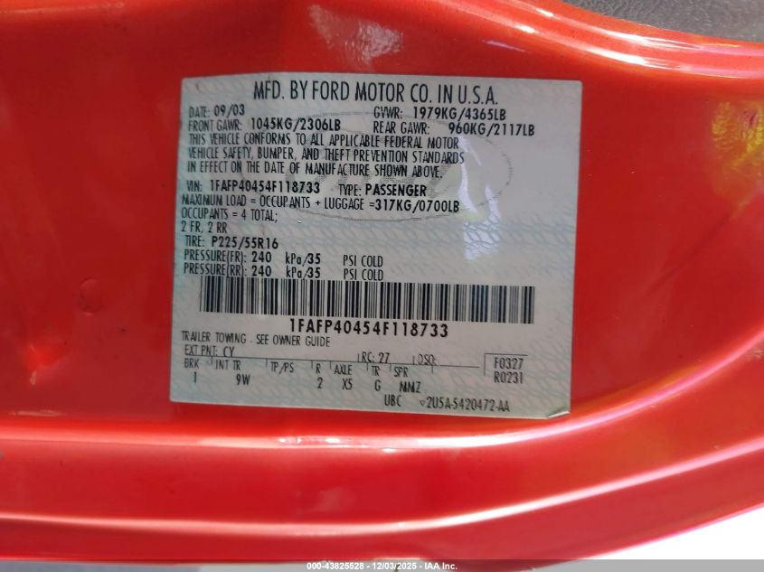 2004 Ford Mustang VIN: 1FAFP40454F118733 Lot: 43825528